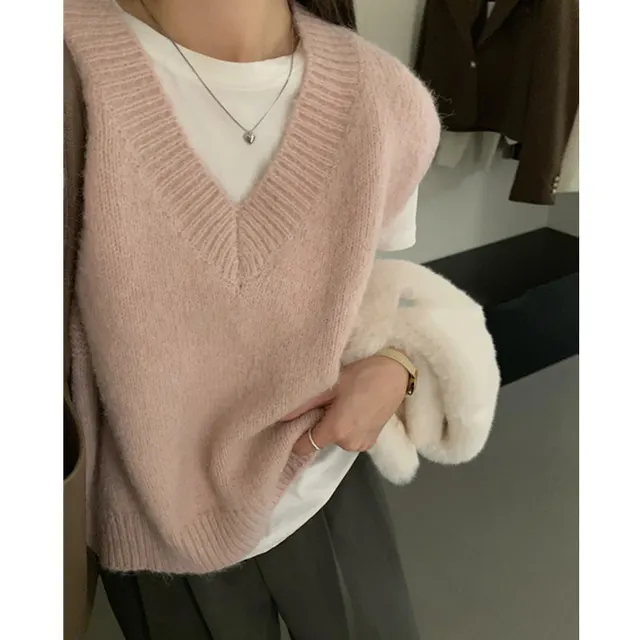 V neck Knitted Vest Women's Autumn And Winter Idle Style Bandage Dress Pullover Bottoming Sweater Pink - Shop at LoveMi