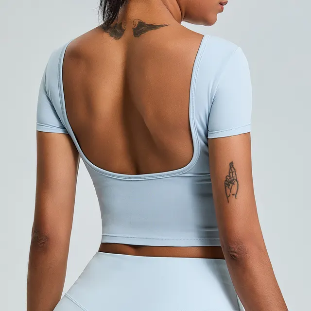 Sexy Beauty Back Yoga Clothes Short Sleeve Tight Quick drying Exercise T shirt Sky Blue - Shop at LoveMi