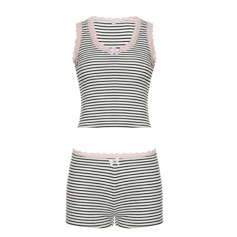 Black And White Striped Contrast Color Lace Stitching Shorts Suit White - Shop at LoveMi