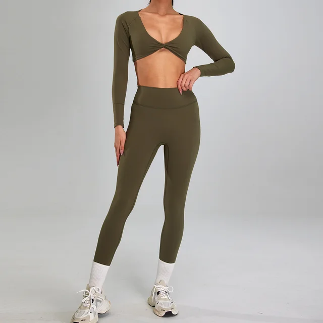 European And American High intensity Sports Suit Outdoor Running Nude Feel Workout Clothes Slimming High Waist Green Long Sleeves Trousers - Shop at LoveMi