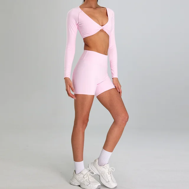 European And American High intensity Sports Suit Outdoor Running Nude Feel Workout Clothes Slimming High Waist Pink Long Sleeve Shorts - Shop at LoveMi