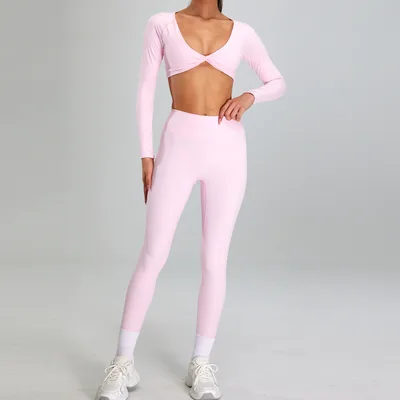 European And American High intensity Sports Suit Outdoor Running Nude Feel Workout Clothes Slimming High Waist Pink Long Sleeves Trousers - Shop at LoveMi
