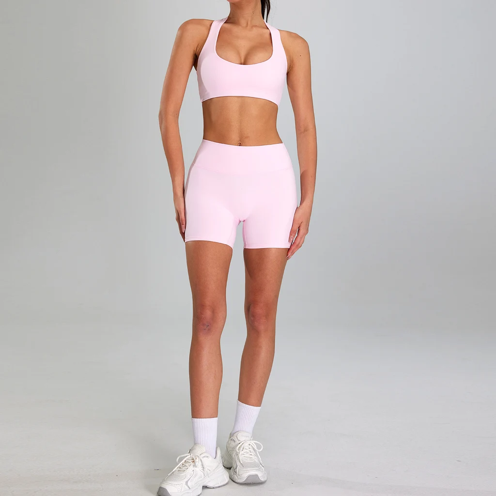 High-intensity Sports Suit Outdoor Running Nude Feel Workout Clothes Slimming High Waist - Pink Bra Shorts