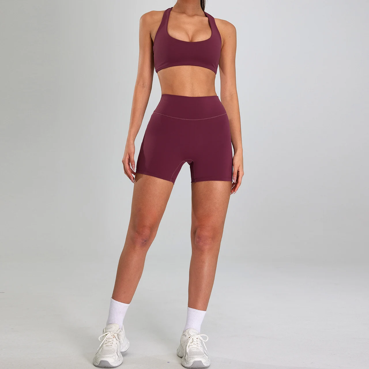 High-intensity Sports Suit Outdoor Running Nude Feel Workout Clothes Slimming High Waist - Purple Red Bra Shorts