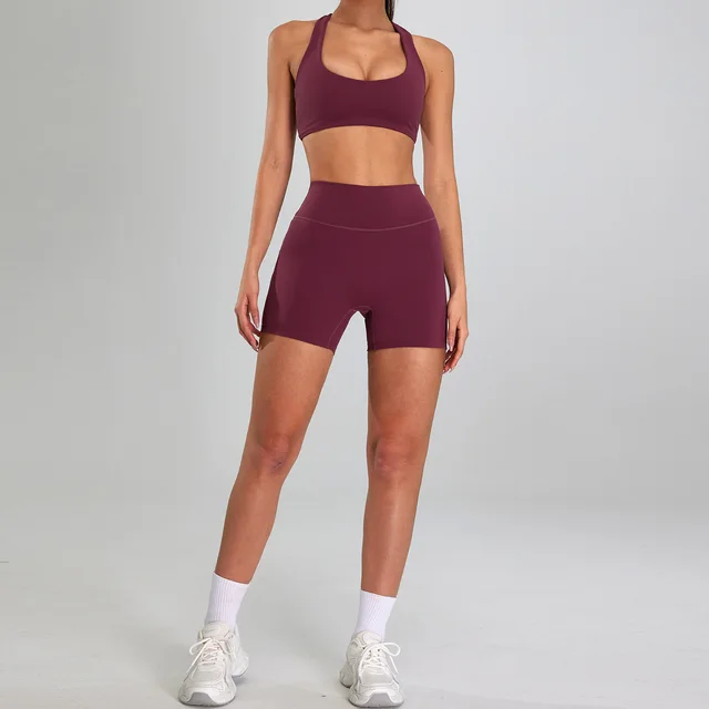 High intensity Sports Suit Outdoor Running Nude Feel Workout Clothes Slimming High Waist Purple Red Bra Shorts - Shop at LoveMi