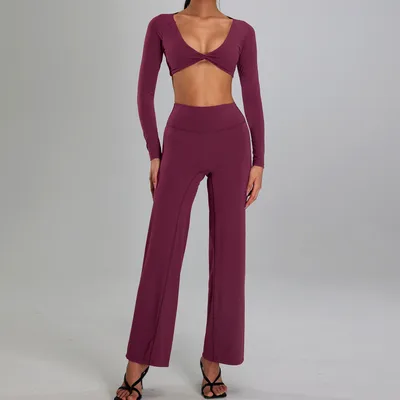 High intensity Sports Suit Outdoor Running Nude Feel Workout Clothes Slimming High Waist Purple Red Long Sleeved Pants - Shop at LoveMi