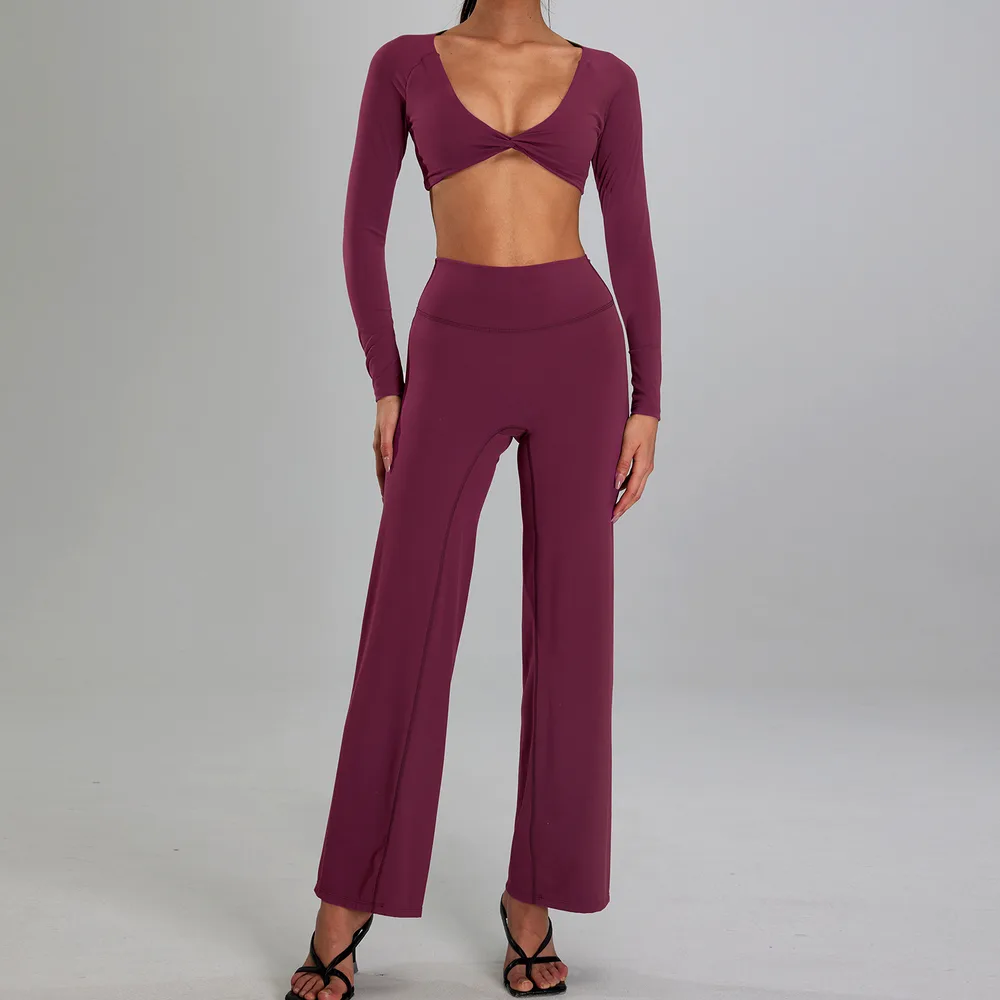 High-intensity Sports Suit Outdoor Running Nude Feel Workout Clothes Slimming High Waist - Purple Red Long Sleeved Pants