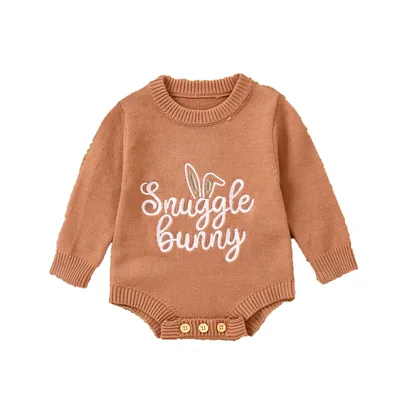 Children's Romper Easter Rabbit Ear Letter Embroidery Round Neck Long Sleeve Sweater Bronze 3To6M - Shop at LoveMi