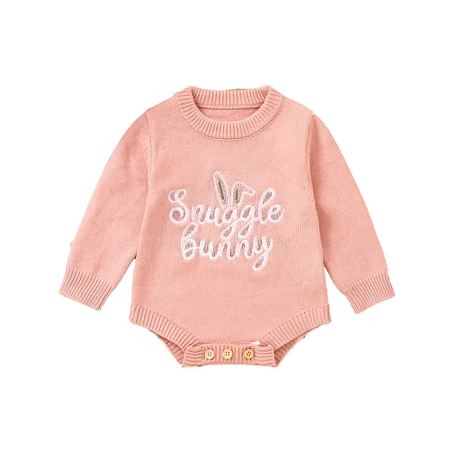 Children's Romper Easter Rabbit Ear Letter Embroidery Round Neck Long Sleeve Sweater Pink - Shop at LoveMi
