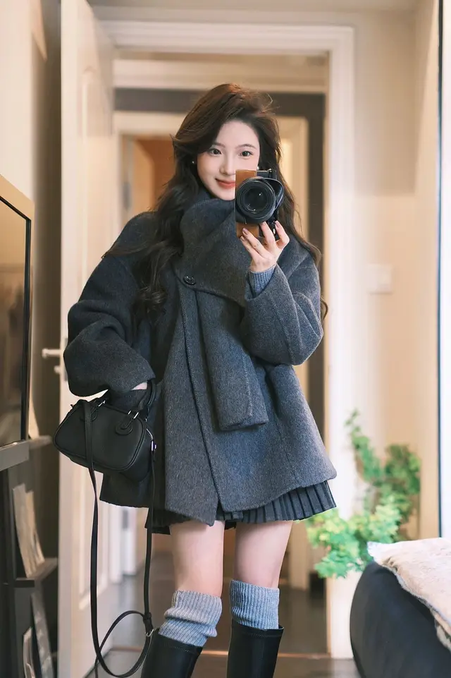 High grade Scarf Double faced Woolen Goods Short Coat Dark Gray - Shop at LoveMi