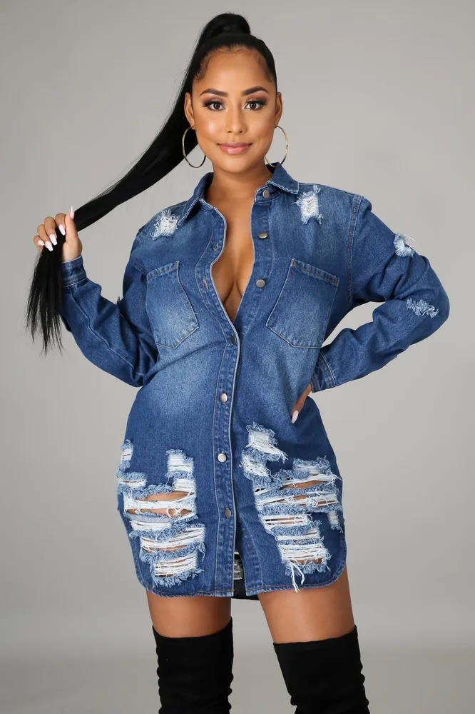 Ripped Old Sexy Slimming Denim Jacket - Blue