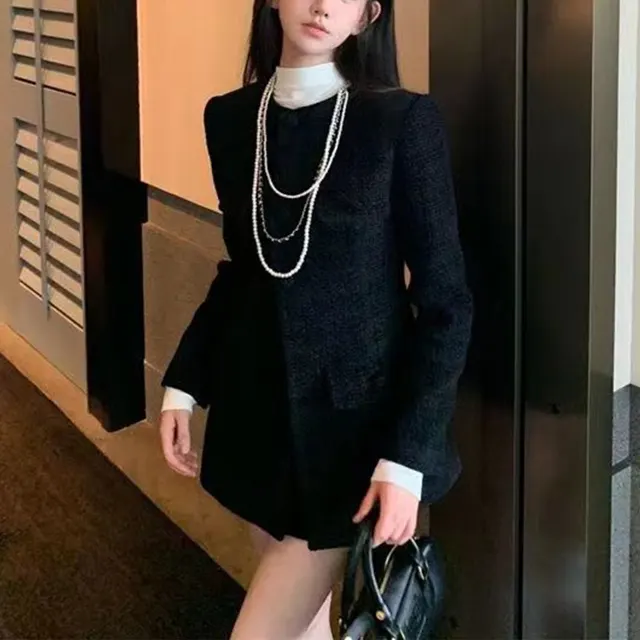Women's Autumn And Winter Waist Trimming Coat High Waist Short Skirt Two piece Set Black - Shop at LoveMi