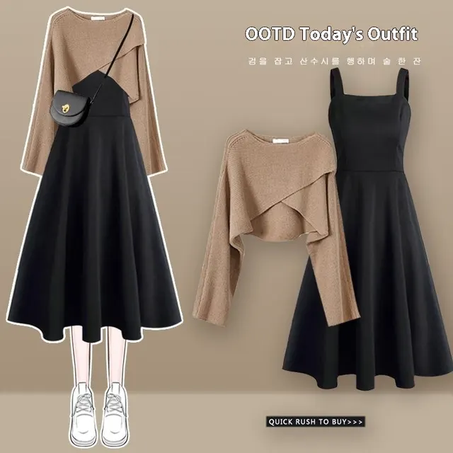 Western Style Knitted Sweater Women's Loose Dress Two piece Set Coffee Sweater Black Dress - Shop at LoveMi