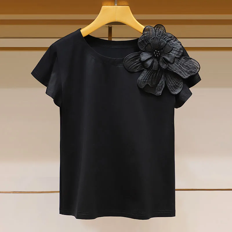 Round Neck Three-dimensional Flower Decoration Fashion Ruffle Sleeve Loose Slim Top - Black