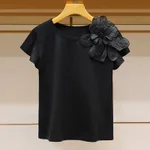 Round Neck Three-dimensional Flower Decoration Fashion Ruffle Sleeve Loose Slim Top - Black