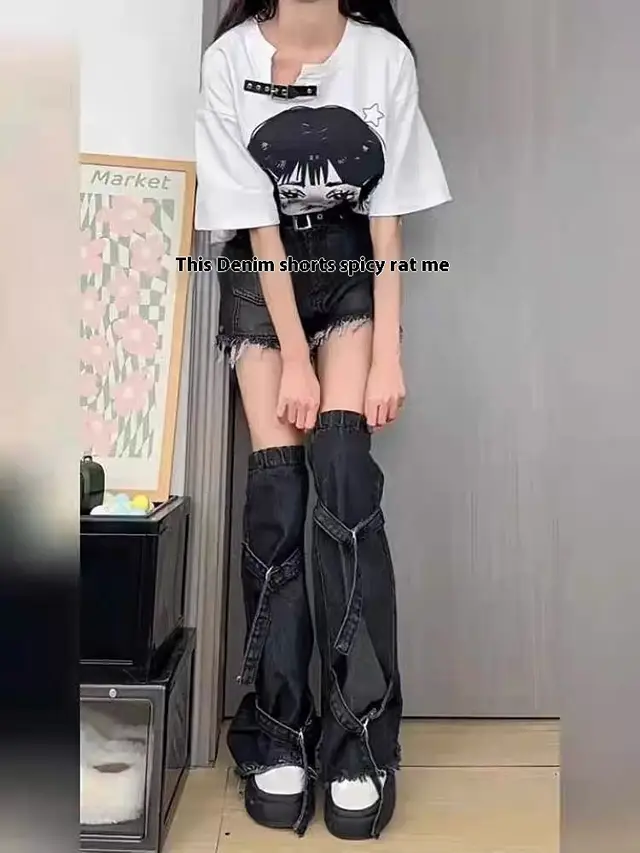 Black Working Wear Denim Shorts Suit Women Shorts Leg Warmer Belt - Shop at LoveMi