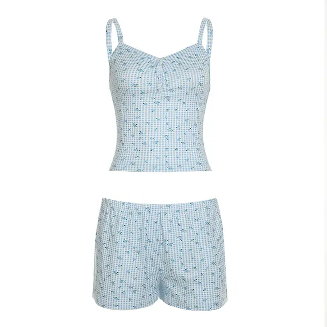 Women's Floral Slim fitting Small Sling High Waist Shorts Suit Blue - Shop at LoveMi