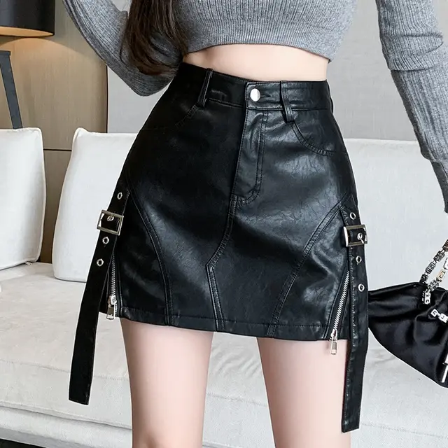 Black Leather Pantskirt Double Zipper Design Wide Leg Hot Pants Black - Shop at LoveMi
