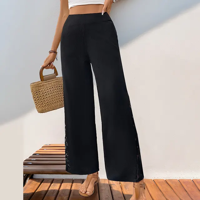 Commuters' Casual Lace Stitching Wide leg Trousers Black - Shop at LoveMi