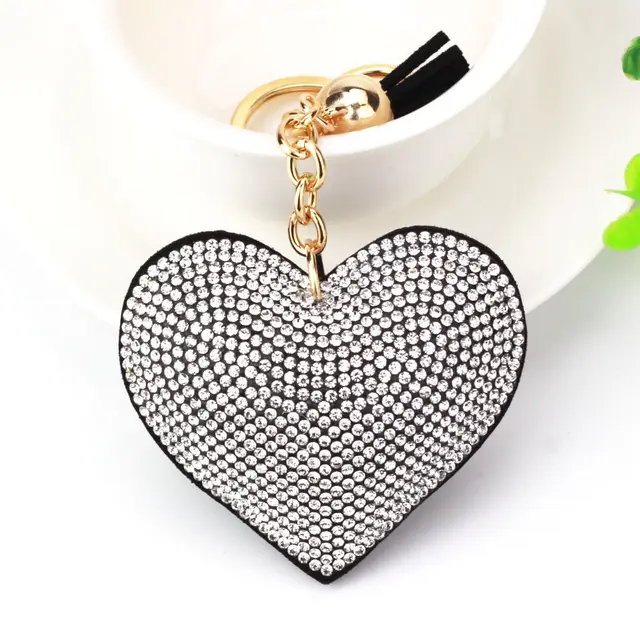 Peach Heart Rhinestone Leather Key Chain Love Tassel Bag Pendant Golden Black Background White - Shop at LoveMi