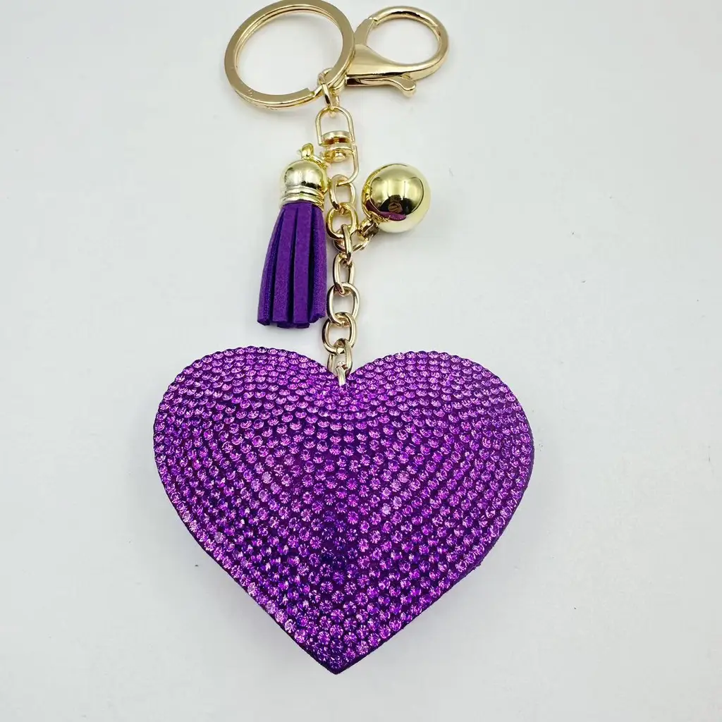 Peach Heart Rhinestone Leather Key Chain Love Tassel Bag Pendant - Golden Dark Purple