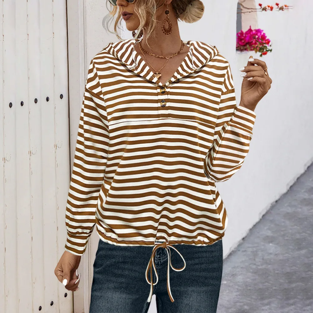 Button Striped Hooded Sweater For Women - Coffee White Stripe