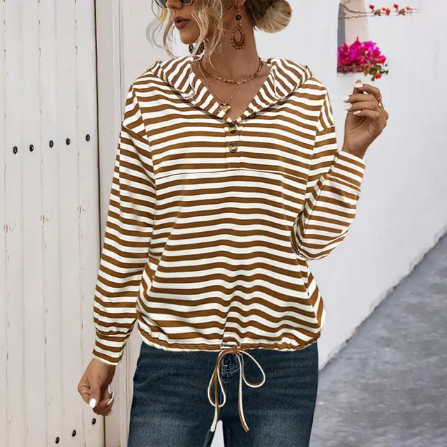 Button Striped Hooded Sweater For Women Coffee White Stripe - Shop at LoveMi