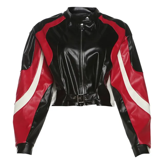 Motorcycle Slim Round Neck PU Leather Jacket Red - Shop at LoveMi