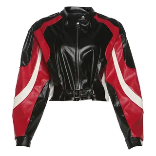 Motorcycle Slim Round Neck PU Leather Jacket - Red