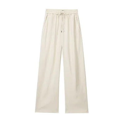 New Fashion Elastic Waist Pure Color Tied Comfort And Casual Straight leg Pants Beige - Shop at LoveMi