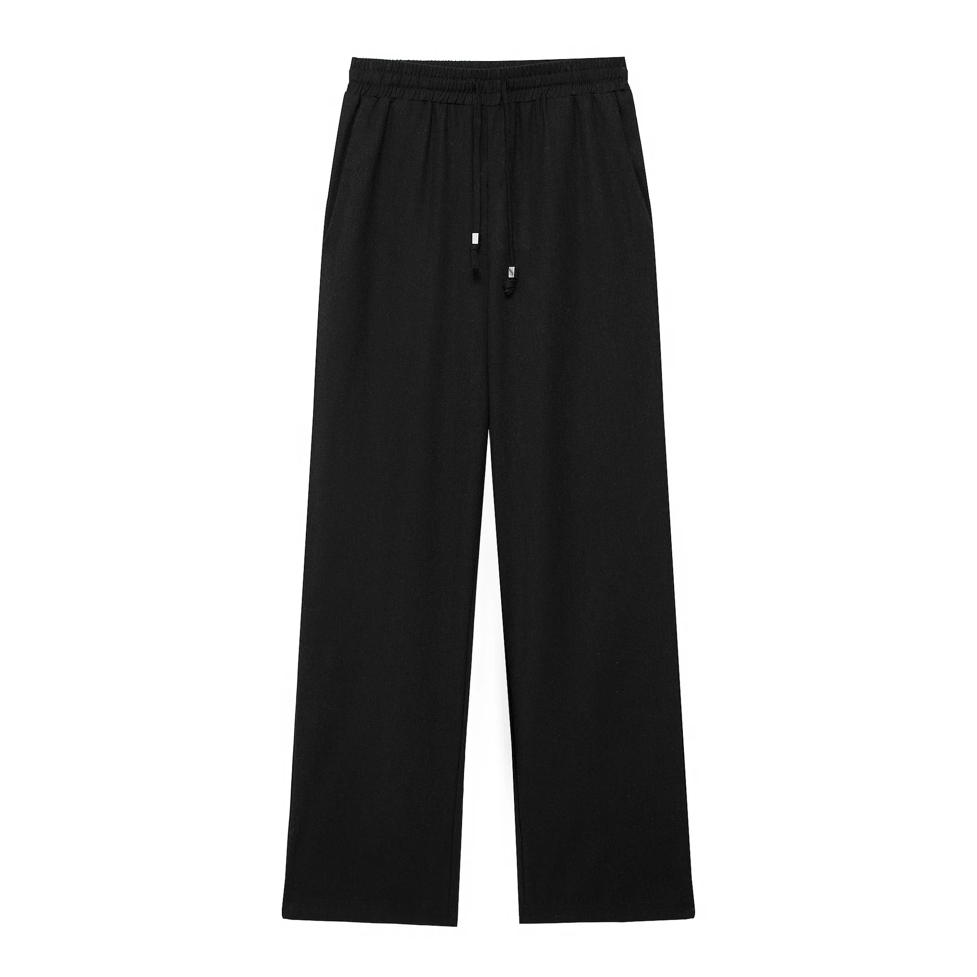New Fashion Elastic Waist Pure Color Tied Comfort And Casual Straight-leg Pants - Black