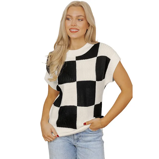 Women's Plaid Color Matching Knitted T shirt Black - Shop at LoveMi