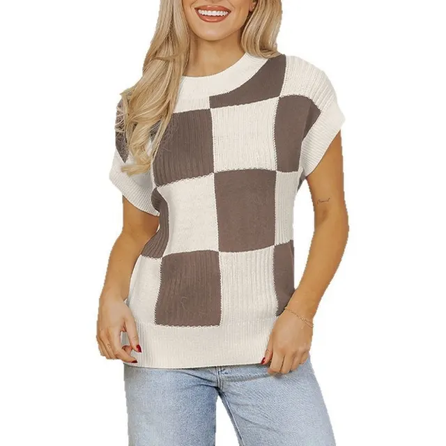 Women's Plaid Color Matching Knitted T shirt Khaki - Shop at LoveMi