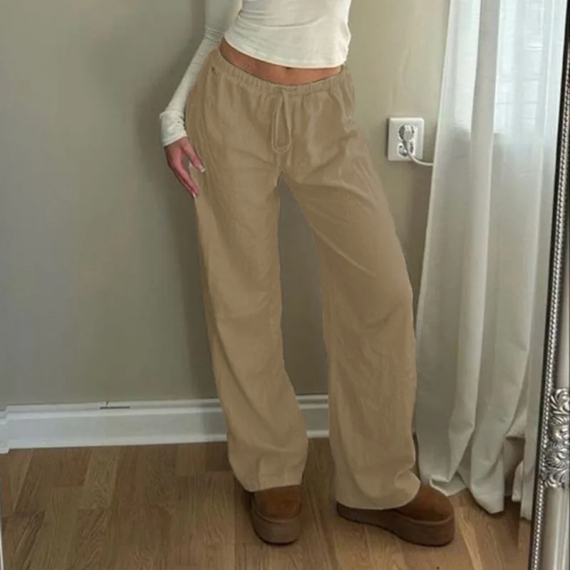 Women's Pure Color Elastic Waist Lace-up Linen Trousers - Khaki - View 1