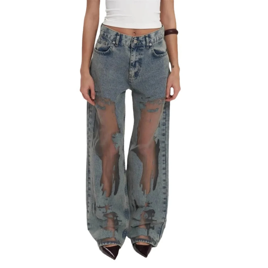 Retro Straight-leg Pants Hollow Texture Gradient Jeans - View 1