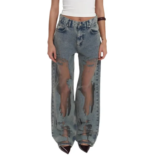 Retro Straight leg Pants Hollow Texture Gradient Jeans Picture Color - Shop at LoveMi