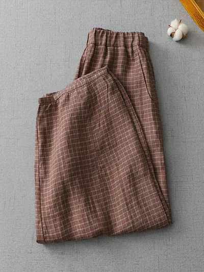 Plaid Linen Pants Women's Casual Plus Size Coffee - Shop at LoveMi
