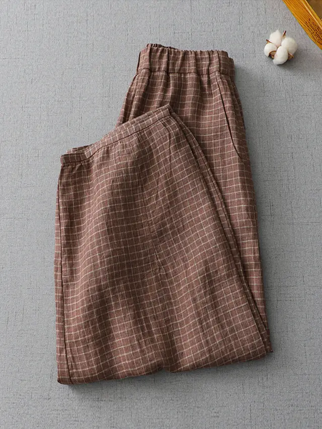 Plaid Linen Pants Women's Casual Plus Size - Coffee