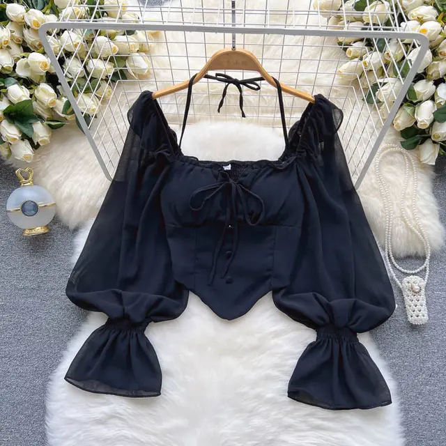 Women's Off shoulder Shoulder baring Halter Bell Sleeve Shirt Black - Shop at LoveMi