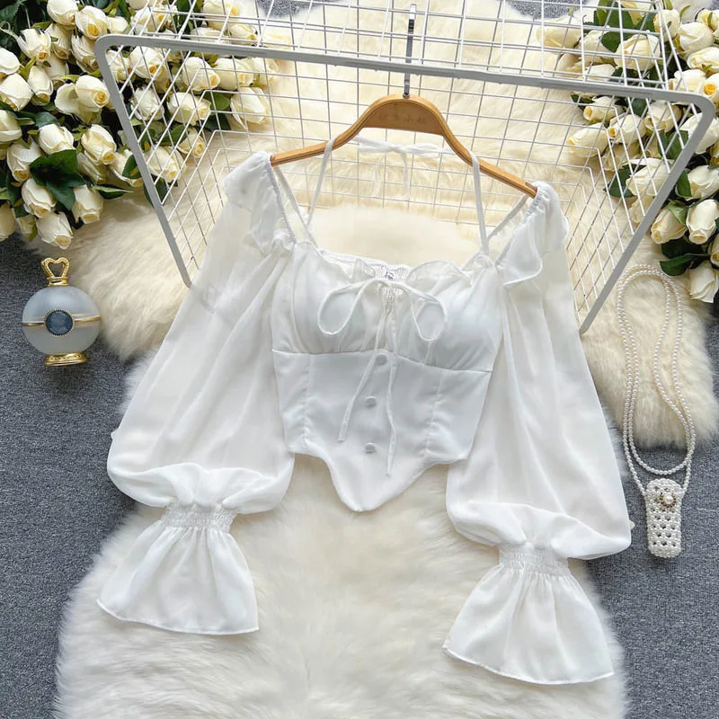 Women's Off-shoulder Shoulder-baring Halter Bell Sleeve Shirt - White - View 1