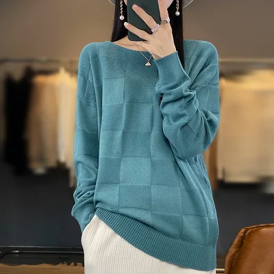 Women's Cotton Round Neck Simple Plaid Sweater Blue - Shop at LoveMi