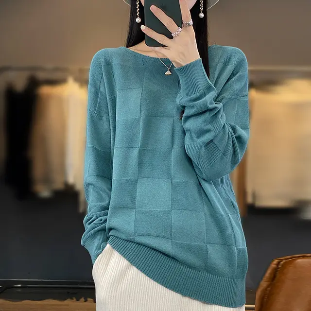 Women's Cotton Round Neck Simple Plaid Sweater Lake Blue - Shop at LoveMi