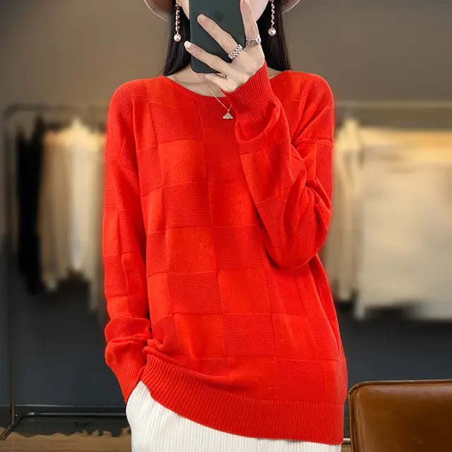 Women's Cotton Round Neck Simple Plaid Sweater Red - Shop at LoveMi
