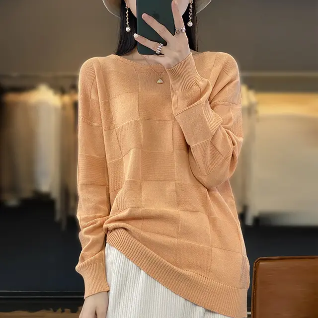 Women's Cotton Round Neck Simple Plaid Sweater Yellow Camel - Shop at LoveMi