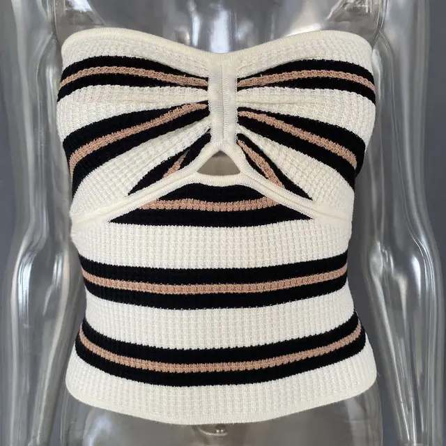 Women's Striped Solid Color Sexy Cutout Tube Top Woolen Vest Black And White Stripes - Shop at LoveMi