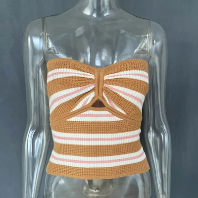 Women's Striped Solid Color Sexy Cutout Tube Top Woolen Vest Camel Pink Stripes - Shop at LoveMi