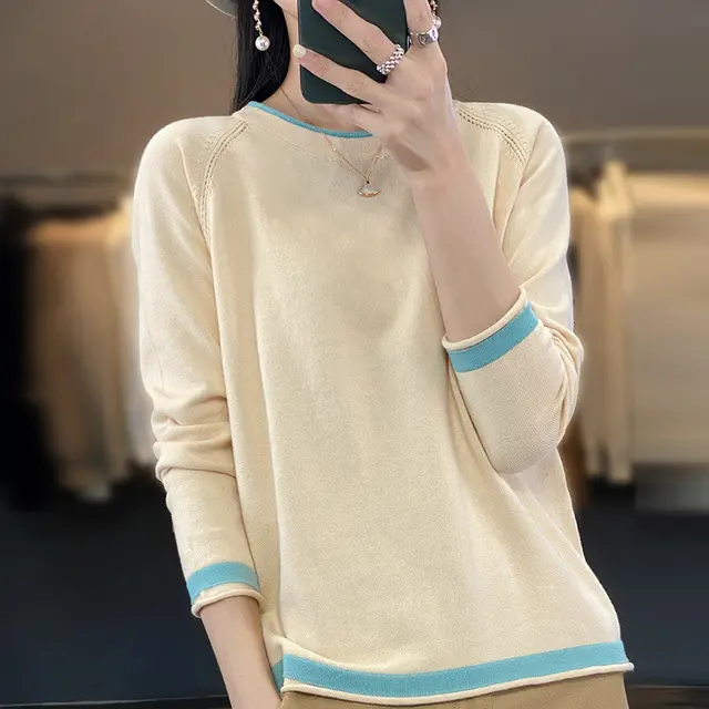 Women's Round Neck Knitted Bottoming Shirt Beige - Shop at LoveMi