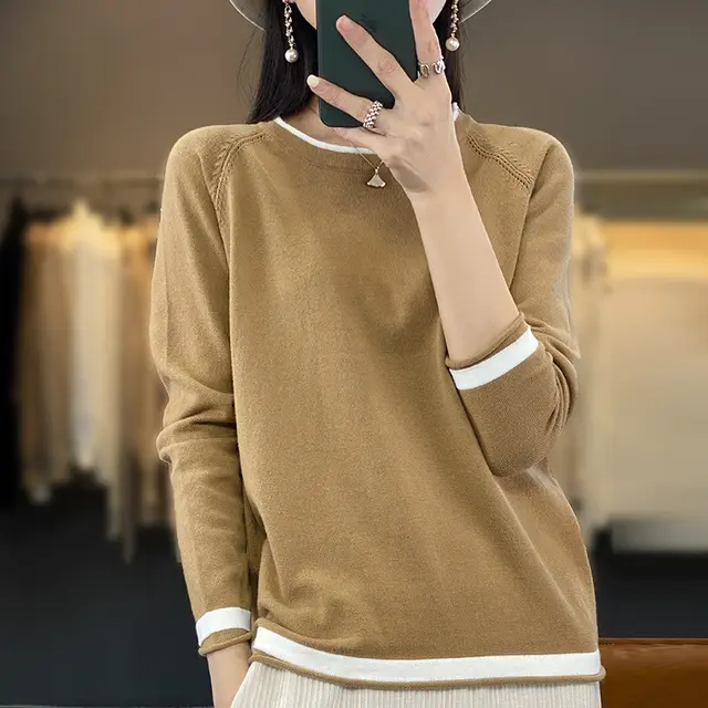 Women's Round Neck Knitted Bottoming Shirt Camel - Shop at LoveMi