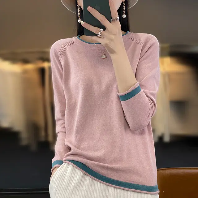 Women's Round Neck Knitted Bottoming Shirt Pink - Shop at LoveMi