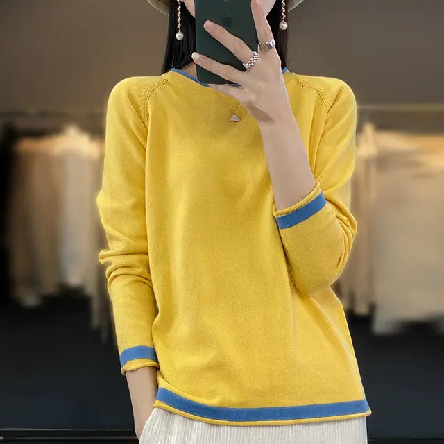 Women's Round Neck Knitted Bottoming Shirt Yellow - Shop at LoveMi